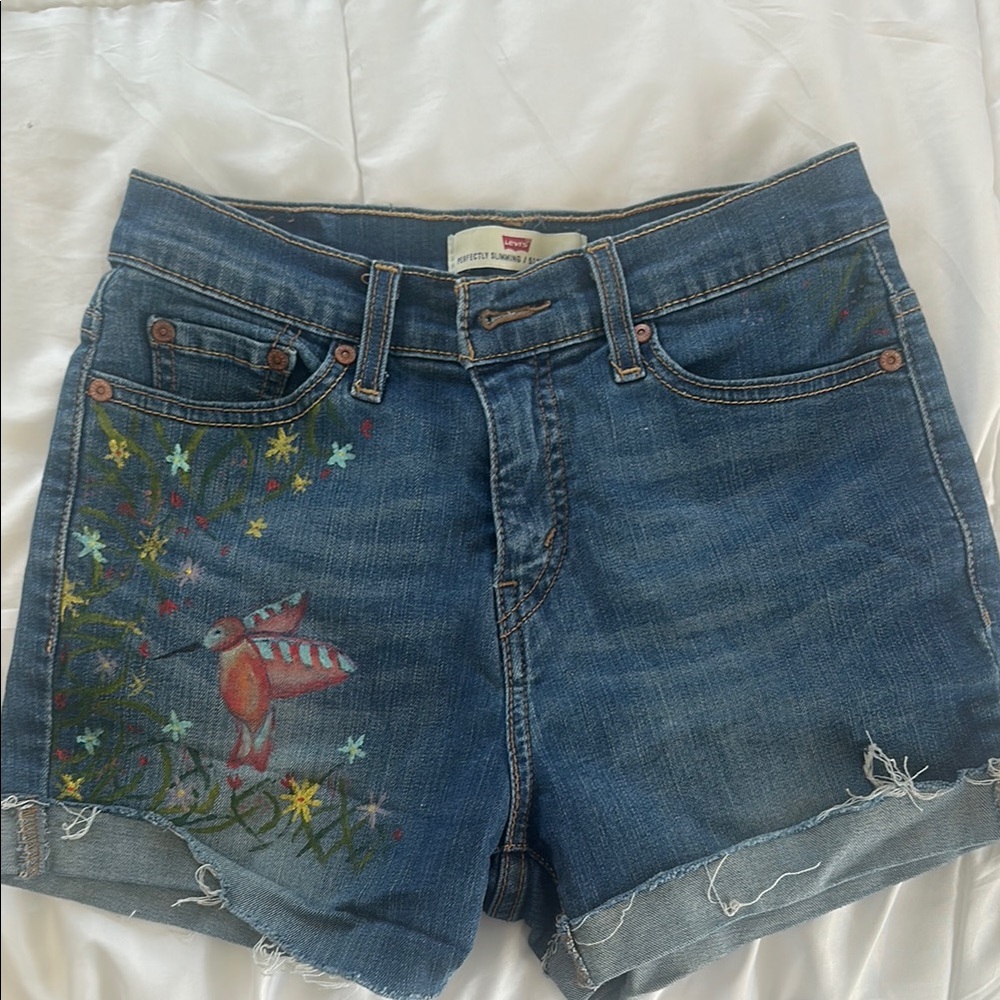 Levi's Women's Blue Denim Shorts with Embroidered Design